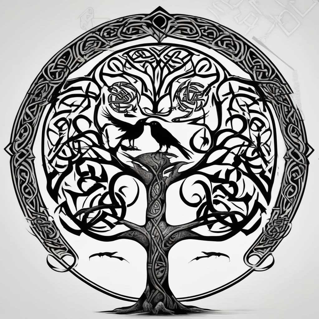 Irish shoulder tattoo, that is non-religious and has a Celtic tree and tribal ravens fishing tattoos, design de tatouage Surréaliste généré par IA